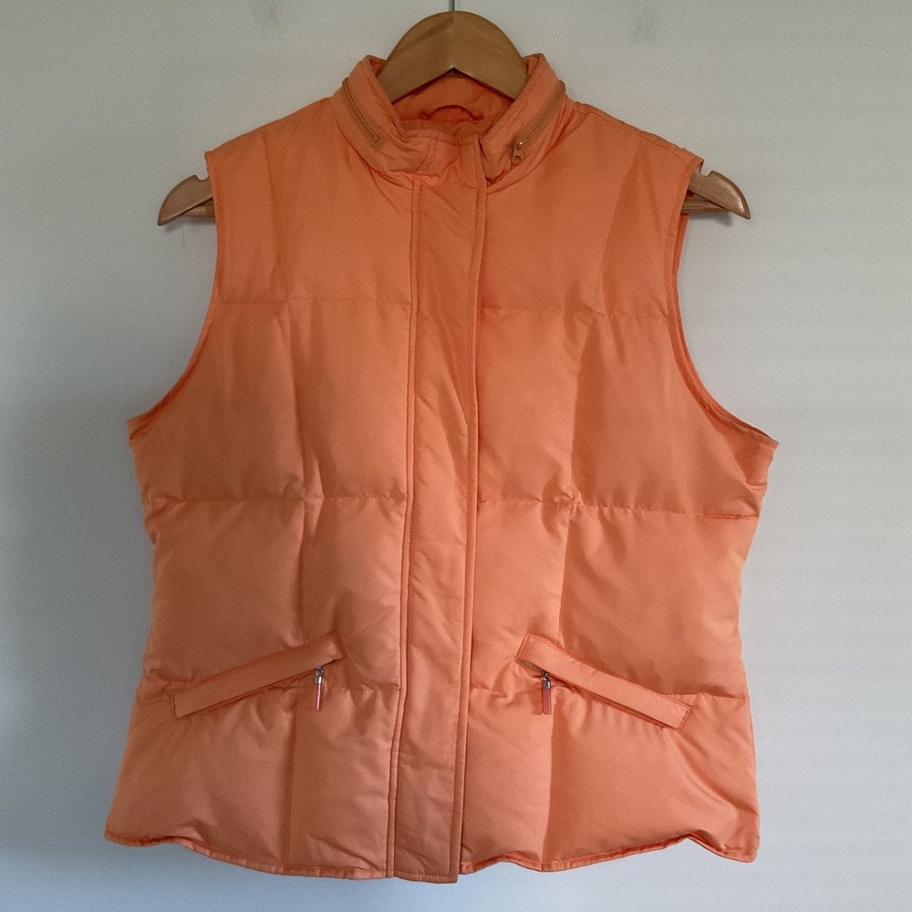 Talbots Puffer Goose Down Filled Quilted Vest Jacker Sz M Orange Hidden Hood